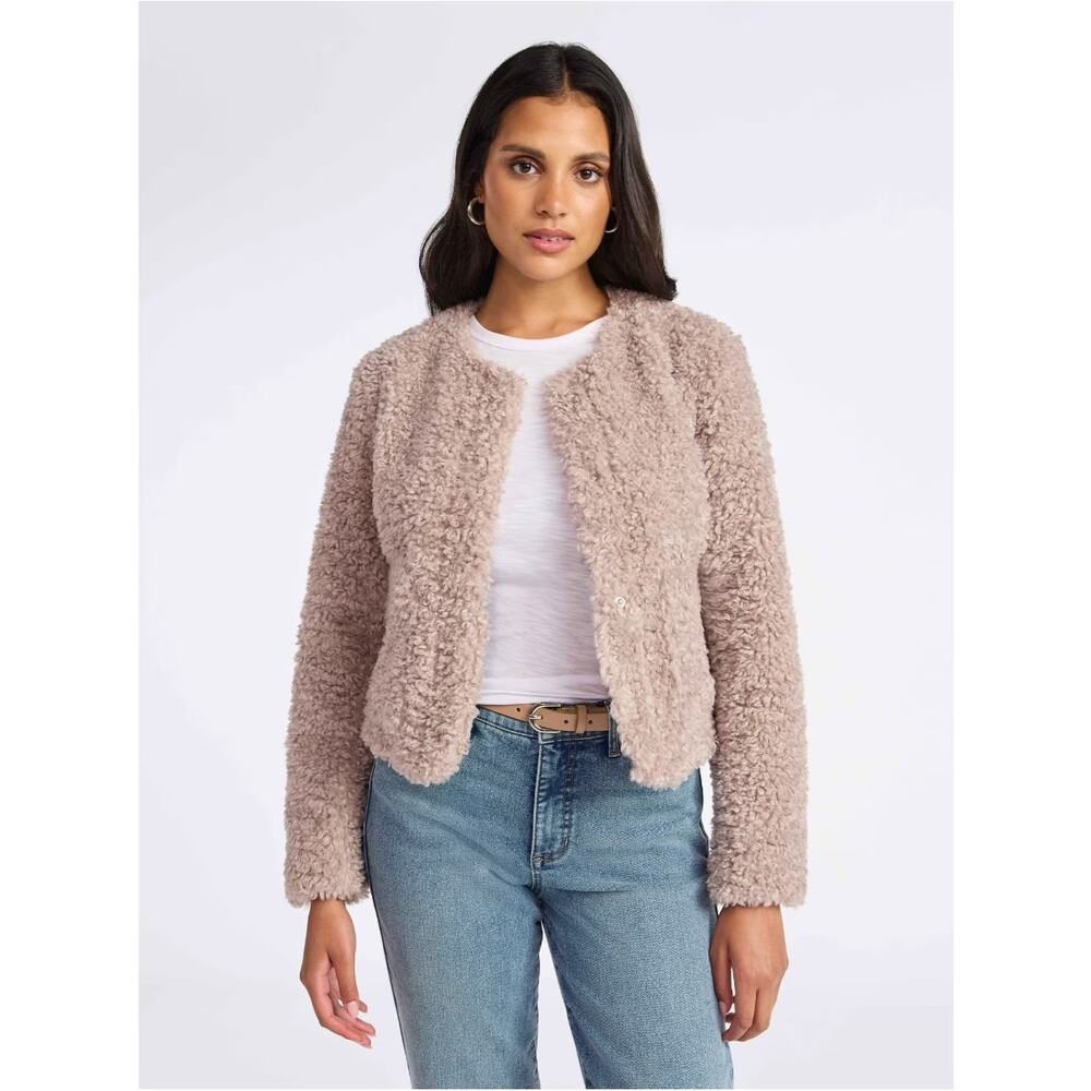 NWT Sofia Vergara Faux Fur Cropped Jacket in Taupe Crush, size S